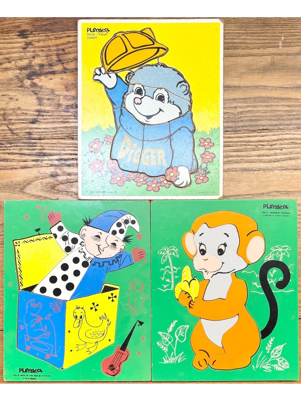 Vintage Playskool Wooden Tray Puzzle Lot of 3 Digger Monkey Jack in the Box
